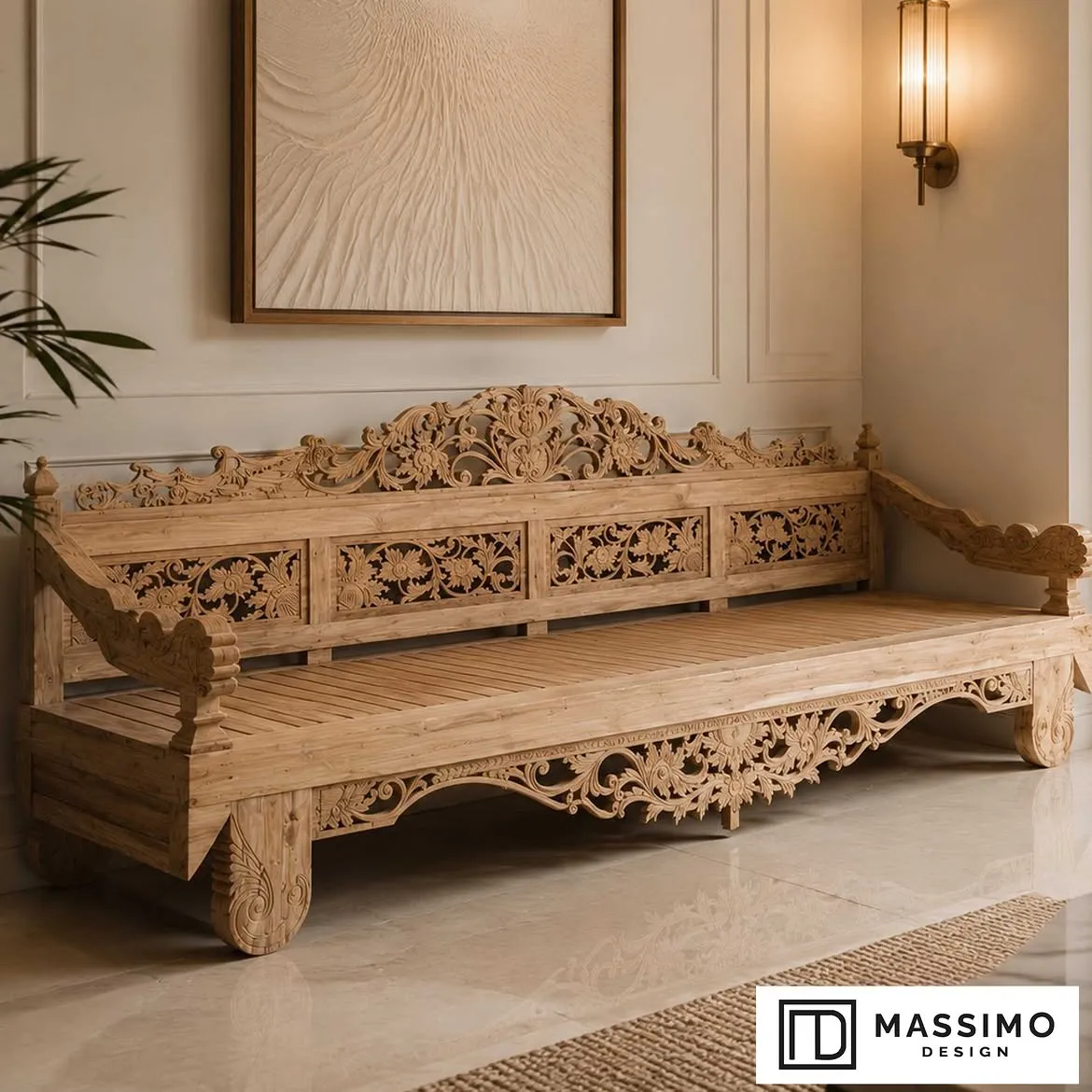 Elegant 280 cm teak wood bench features intricate hand-carved detailing and a natural finish